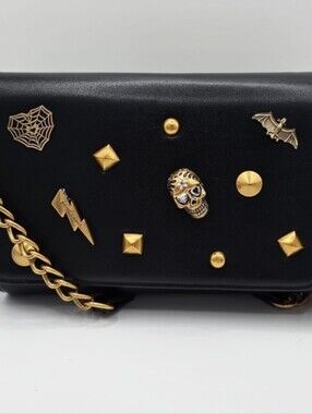Betsey Johnson Skull Bat Gothic Crossbody Clutch Bag NWT Black Gold Chic